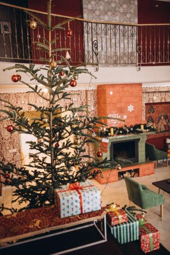 a christmas tree in a living room with presents at Дбайлива Ципа in Mizhhirʼʼya