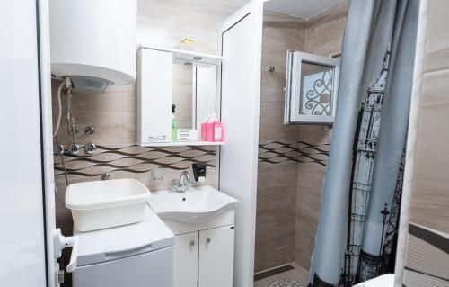 a small bathroom with a sink and a shower at Apartmani Kamena Ruža in Budva