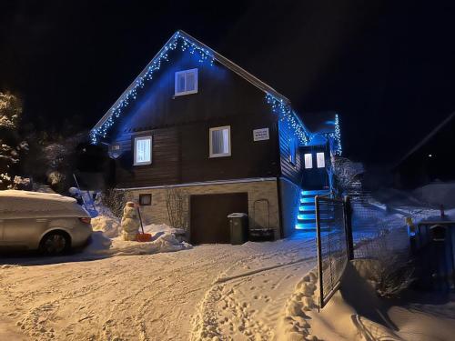 a house with blue lights on it in the snow at Domek nad Potokiem in Słotwiny
