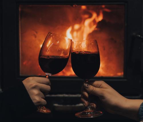 two people holding wine glasses in front of a fireplace at Mintaro Hideaway in Mintaro
