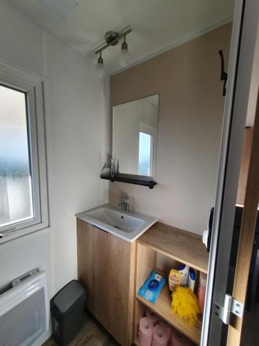 y baño con lavabo y espejo. en Mobil Home 2022 les charmettes 3 Chambres 40m2 en Les Mathes
