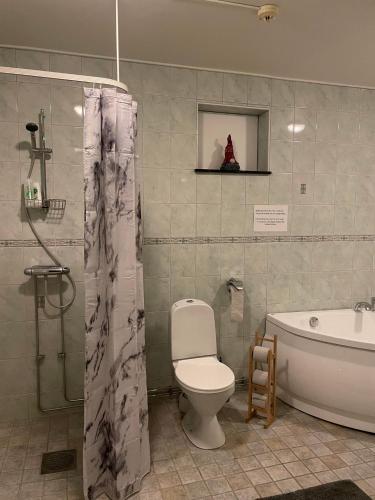 a bathroom with a toilet and a tub and a sink at Brålanda Hotell och Vandrarhem in Brålanda