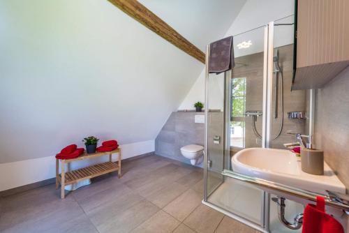 a bathroom with a shower and a tub and a sink at Luxus Chalet Salzenweiler in Loßburg