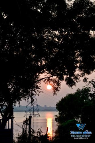 a sunset over a body of water with a tree at Nuwara Wewa Holiday Resort in Anuradhapura