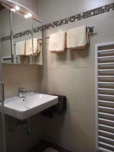 un bagno con lavandino, specchio e asciugamani di Bauernhof Moar a Kernhof