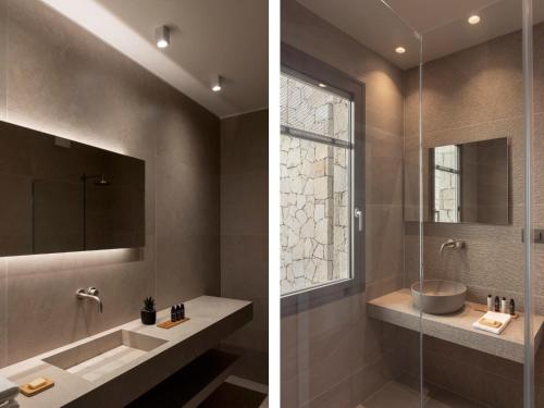 ハニア・タウンにあるAthina Luxury Villa, with Pool & Walk to the Beach, By ThinkVillaの洗面台と鏡付きのバスルームの写真2枚