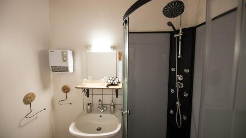 a bathroom with a shower and a toilet and a sink at Ferme des Prades in Landeyrat