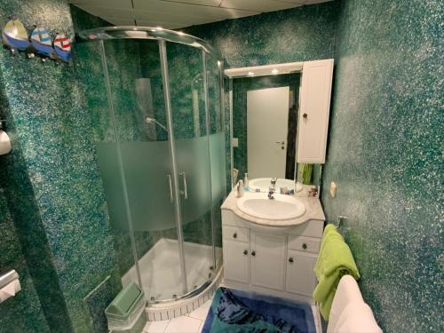 uma casa de banho com um chuveiro e um lavatório. em Ferienwohnung Holiday em Radstadt