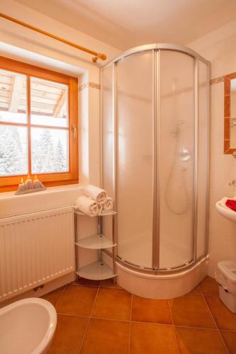 a bathroom with a shower and a sink at Egarterhof in San Candido