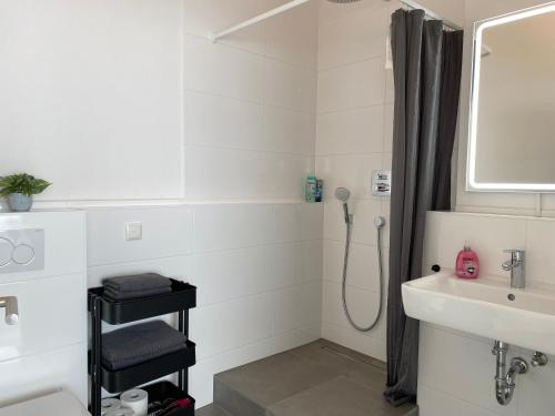 a white bathroom with a shower and a sink at 2-Zimmer-Appartment in Top-City-Lage mit Parken und Klimaanlage in Nürnberg
