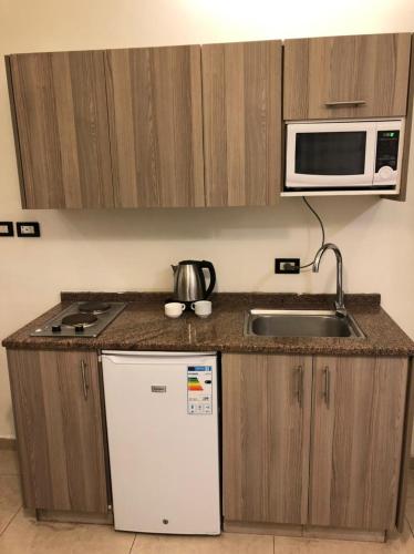 a kitchen with a sink and a microwave and a refrigerator at AlQimah Hotel Apartments in Amman