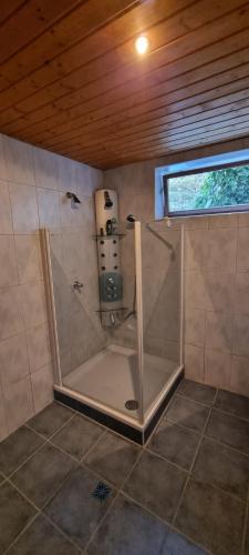 baño con cabina de ducha y ventana en Ferienwohnung 4 Personen Alleinlage am Wald Nähe Skigebiet Hochzeiger, en Jerzens