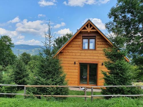 una baita di tronchi con alberi di fronte ad essa di Domek Góralski Piwowarówka a Piwniczna