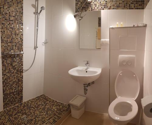 a bathroom with a toilet and a sink and a shower at Drei Bären Hotel & Apartments in Aichach