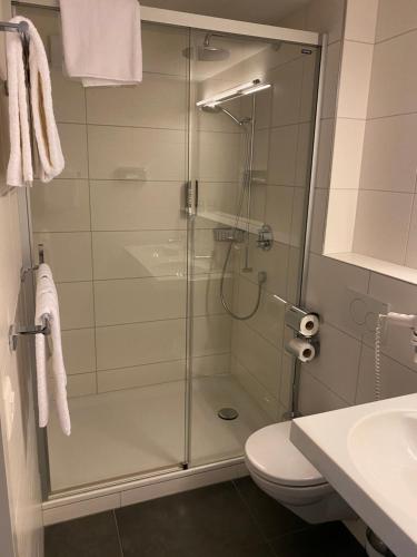 a bathroom with a shower with a toilet and a sink at Das Hotel Sherlock Holmes in Meiringen