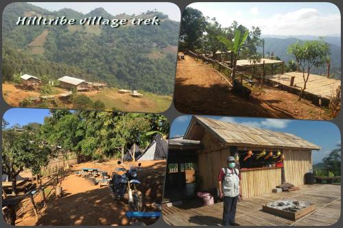 a collage of pictures of a village with a man and a motorcycle at Le Cocotier in Ban Cho Lae