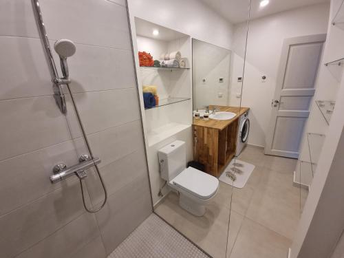 a bathroom with a toilet and a shower and a sink at Boose Apart in Kobela