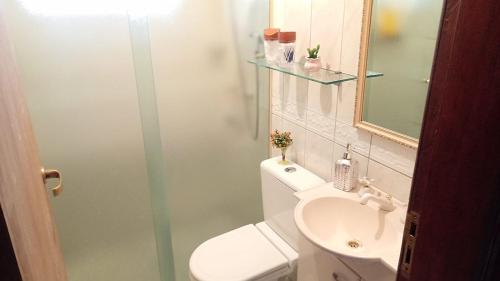 a bathroom with a toilet and a sink and a mirror at Compacto Central Martins - Apiaí in Apiaí