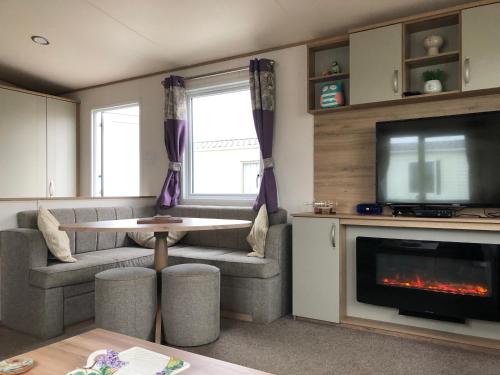 a living room with a fireplace and a tv at Excellent caravan 4 birth sleeps 6 Tranquil site in East Mersea