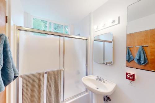 a bathroom with a shower and a sink at Waipio Glass House in Kukuihaele