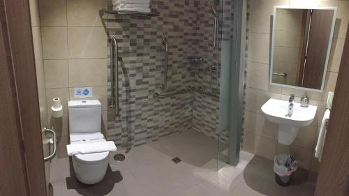 La salle de bains est pourvue d'une douche, de toilettes et d'un lavabo. dans l'établissement Apartamentos Turisticos Maria Guerrero, à Cap de Palos