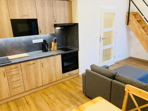 a kitchen and a living room with a couch at Residence Kotel in Rokytnice nad Jizerou