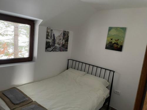 a bed in a bedroom with two pictures on the wall at Dvosobni apartmani KopaNiK, Kopaonik (Brzece) in Brzeće