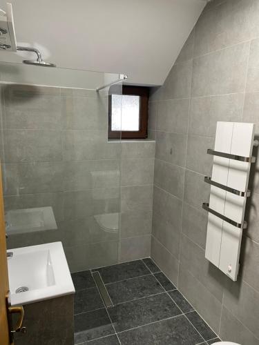 a bathroom with a shower and a sink and a toilet at Dvosobni apartmani KopaNiK, Kopaonik (Brzece) in Brzeće