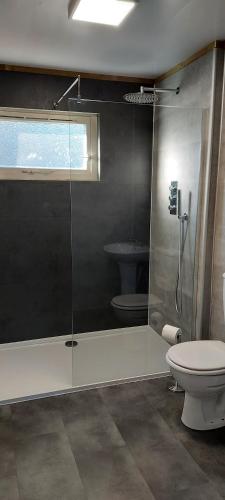 a bathroom with a glass shower with a toilet at 2 CV at Lochgoilhead with Swedish Hot Tub in Lochgoilhead