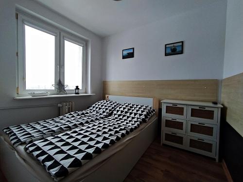 a bedroom with a bed and a dresser and two windows at NoclegwGdyni24 in Gdynia
