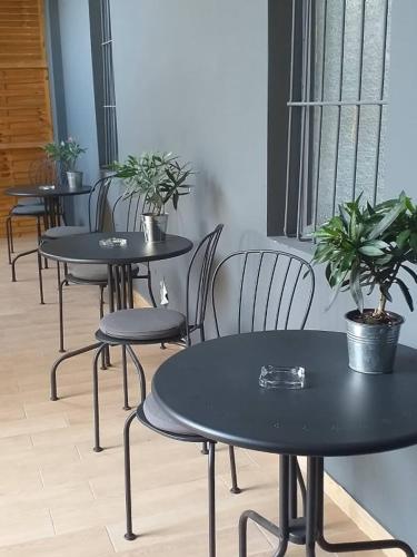 a group of tables and chairs with plants on them at Deák Panzió in Nagykőrös