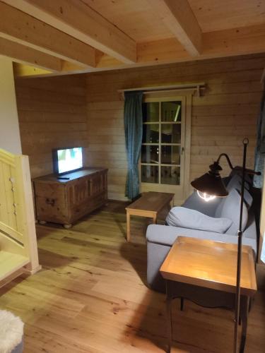 a living room with a couch and a television at Schlosswirt Chalets & Apartments in Großkirchheim