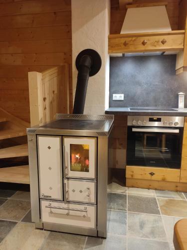 a kitchen with an oven and a stove at Schlosswirt Chalets & Apartments in Großkirchheim