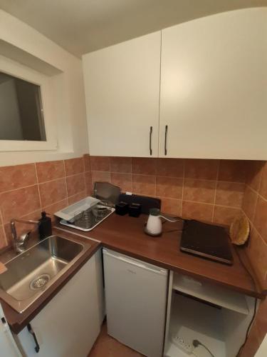 a kitchen with a sink and a counter top at Centar apartman - gradski trg in Gornji Milanovac