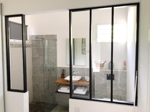 La salle de bains est pourvue d'une douche et d'un lavabo. dans l'établissement Villa Sinoé, à Petit-Bourg