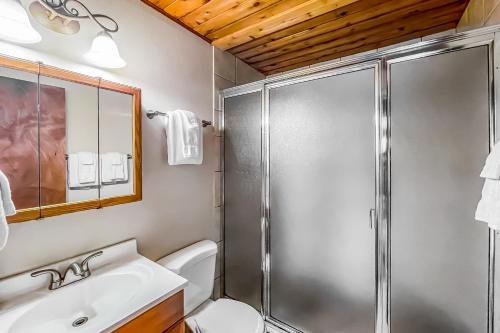 a bathroom with a shower and a toilet and a sink at Bay Point Lakefront 1B Down in Whitefish