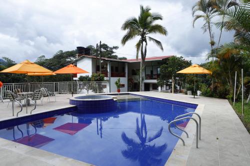a swimming pool with chairs and umbrellas next to a house at Ecohotel Monteverde in La Vega