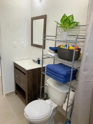a bathroom with a toilet and a sink at Departamento Vacacional 2 habitaciones vista a la alberca by EITA in Cancún