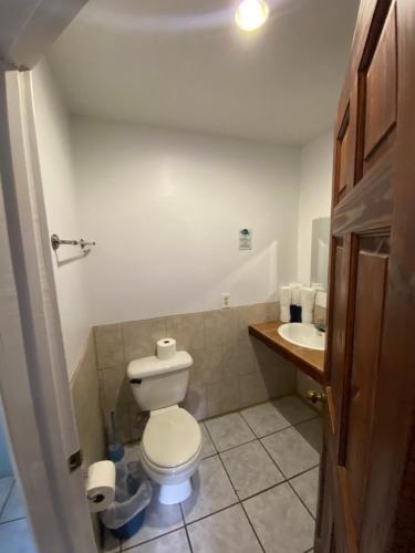 a bathroom with a toilet and a sink at Mariposa Lodge in West End