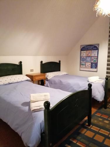 a bedroom with two beds and a chandelier at Casa do Pombar en Valdeorras in Seadur