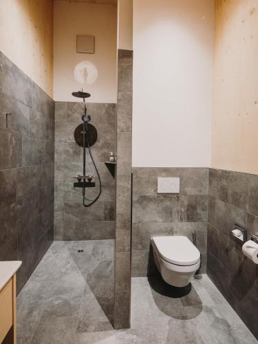 a bathroom with a toilet and a shower at Alpin - Studios & Suites in Warth am Arlberg