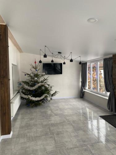 a christmas tree in a living room with a television at Котедж Смерекова хата- Пилипець in Kelechin