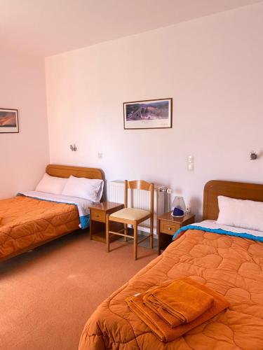 a bedroom with two beds and a table and a chair at Villa Alexandra in Grevena