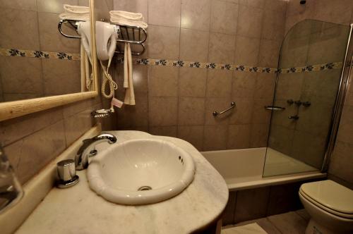a bathroom with a sink and a shower and a toilet at ARASARÍ Hotel Iguazú in Puerto Iguazú