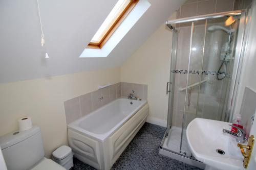 a bathroom with a shower and a toilet and a sink at SeaSpray Cottage in Rathmullan