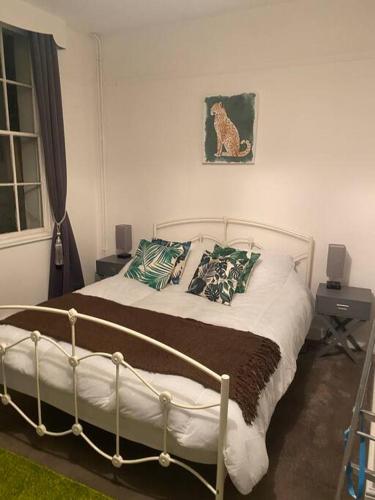Cosy Regency Studio Apartment في برايتون أند هوف: غرفة نوم عليها سرير ومخدات