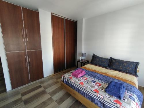 een slaapkamer met een bed en houten kasten bij Depto para turistas - Mago Blanco in Godoy Cruz