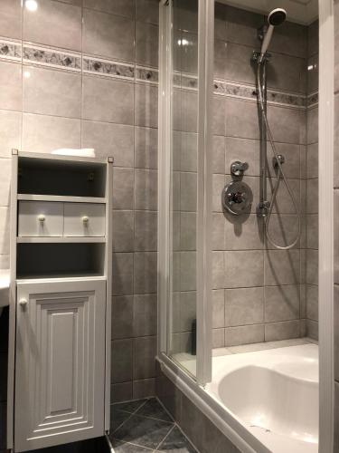 ein Badezimmer mit Dusche, Waschbecken und Badewanne in der Unterkunft Auenhof in Gschnitz