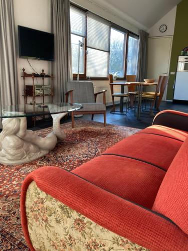 a living room with a red couch and a table at Nieuw Kagelink in Diepenheim