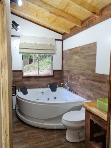 a bathroom with a white tub and a toilet at Cabanas El Cipres in Pucón